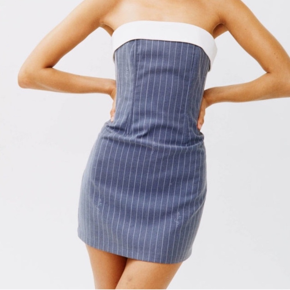 With Jean Chloe Corset Pinstripe Mini Dress Pin Me Blue White